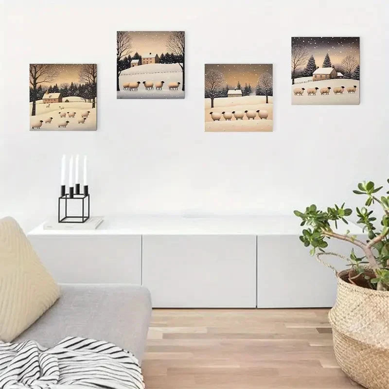 4pcs Festive Sheep & Snowfall Themed Wall Art Canvas Framed