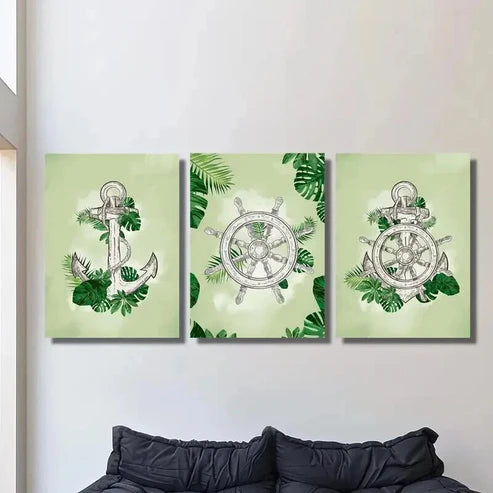 3pcs Helm and Anchor on Plant Leaves Wall Art Canvas Unframed – High Quality Print 100% Australian Made Wall Canvas