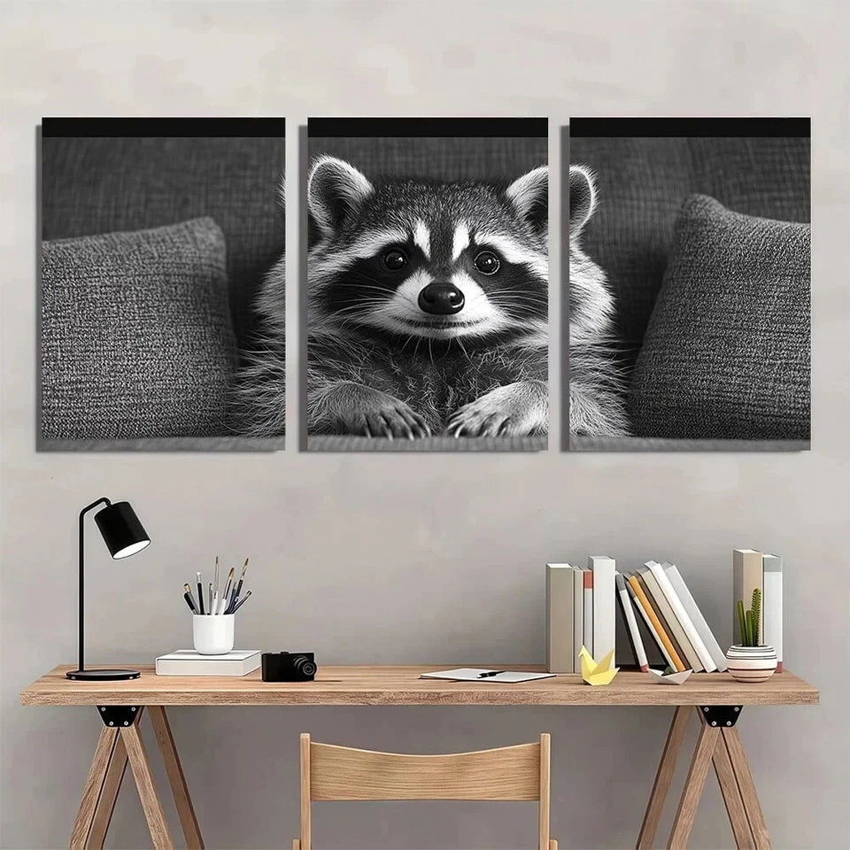 3pcs Modern Black and White Raccoon Metal Print Ready to Hang Art