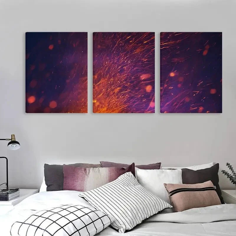 3pcs Fire Spark Painting in Purple, Pink Orange Wall Art Set Canvas Framed 40x60cm - High Quality Print 100% Australian Made Wall Canvas Ready to Hang