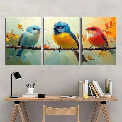 3pcs Colourful Birds Are On Branches Metal Print Ready to Hang Art