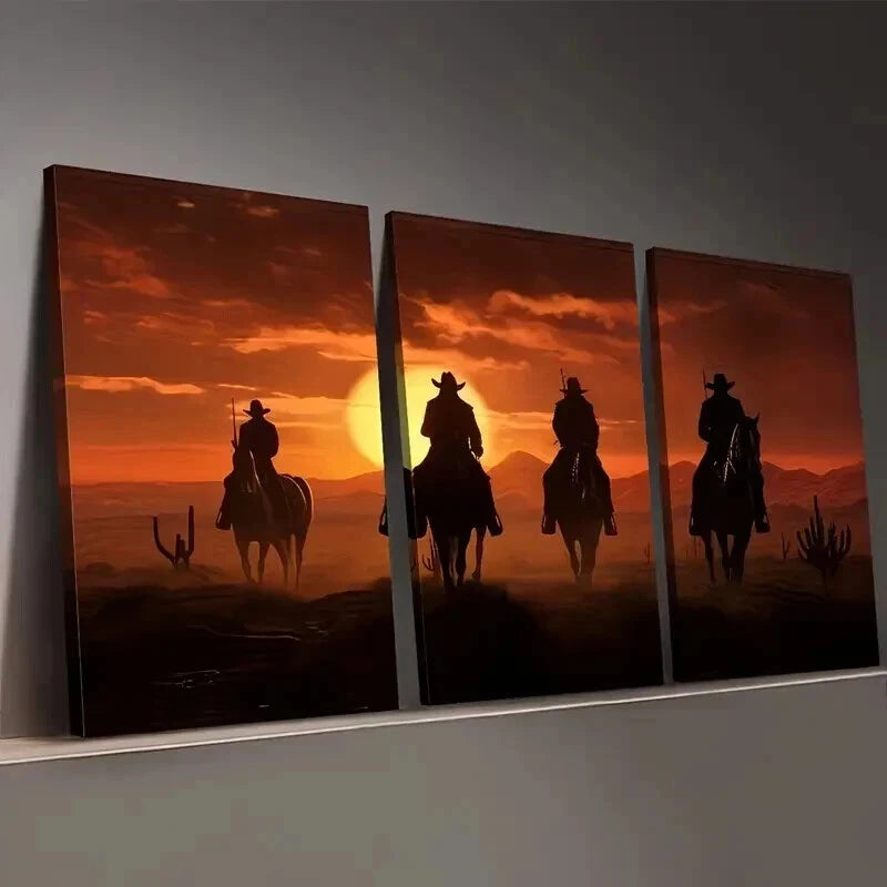 3pcs Western Cowboy Sunset Décor Perfect Wall Art Set Canvas Framed 50x70cm - High Quality Print 100% Australian Made Wall Canvas Ready to Hang