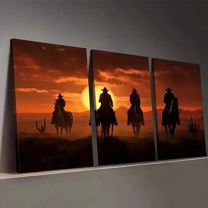 3pcs Western Cowboy Sunset Décor Perfect Wall Art Set Canvas Framed 50x70cm - High Quality Print 100% Australian Made Wall Canvas Ready to Hang