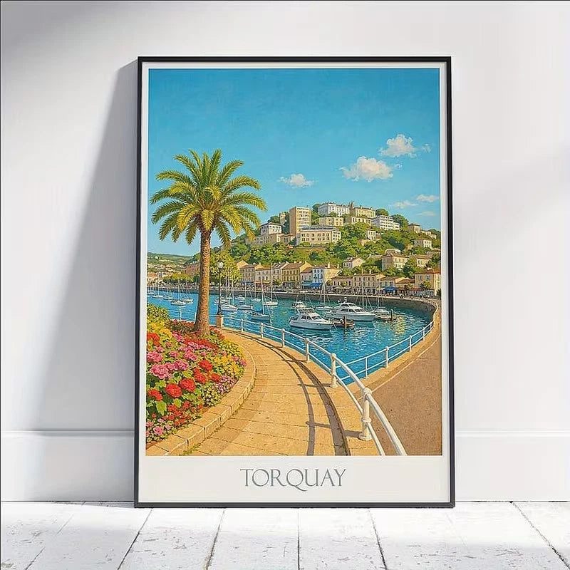 Torquay English Riviera Seaside Harbor View Travel Poster Print Wall Art