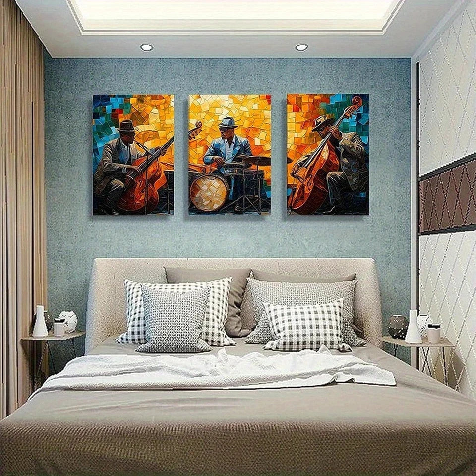 Three-panel artwork of musicians playing instruments on a wall above a bed with decorative pillows.