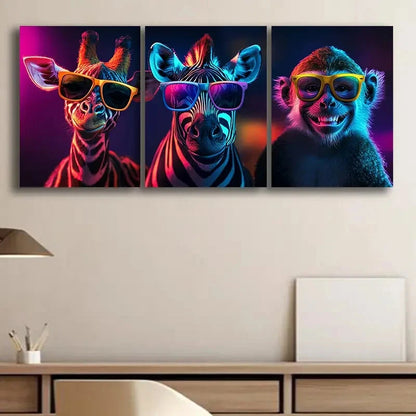 3pcs Vibrant Animal Colorful Zebra & Monkey Metal Print Ready to Hang Art