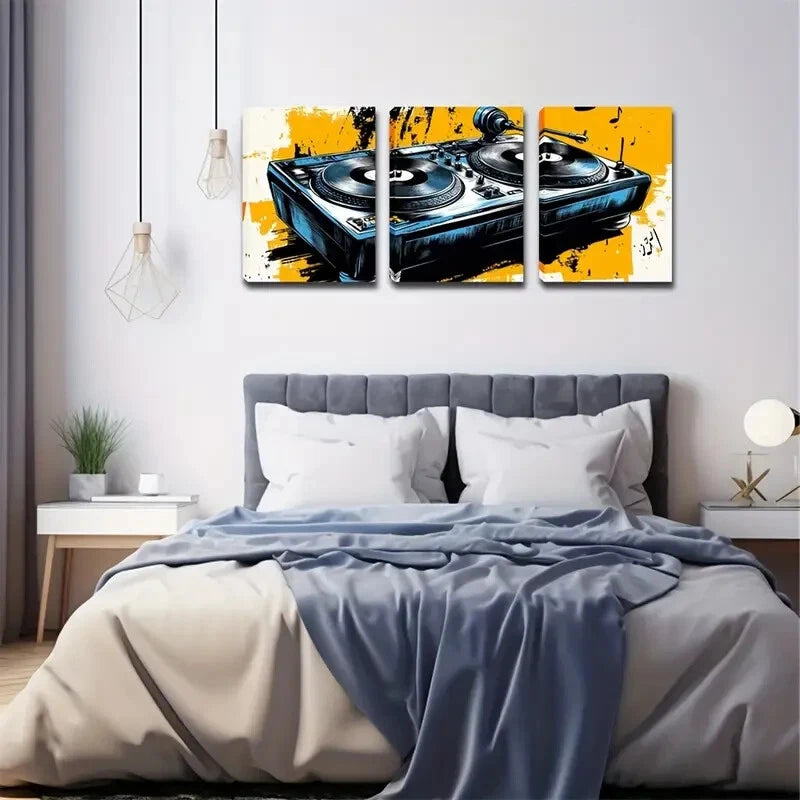 3pcs Vibrant Blue & Yellow Music-Themed Perfect Wall Art Set Canvas Framed 40x60cm - High Quality Print 100% Australian Made Wall Canvas Ready to Hang