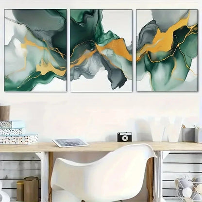 3pcs Green Gray and Golden Fluid Design Metal Print Ready to Hang Art