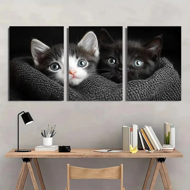 3pcs Style Cute Cat Black and White Metal Print Ready to Hang Art