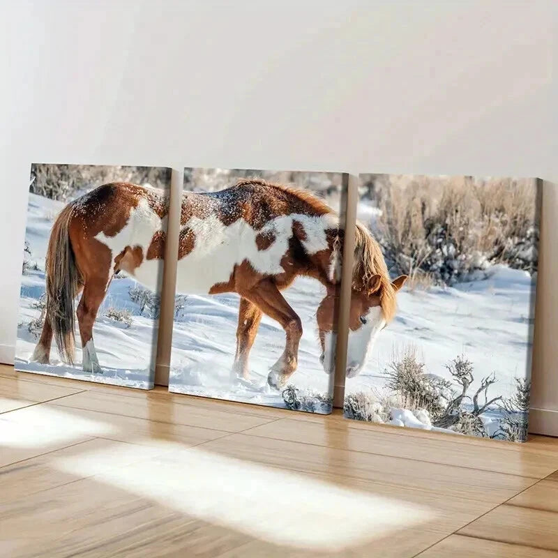 3pcs Snowy Landscape with Brown and White Horse Wall Art Set Canvas Framed 40x60cm - High Quality Print 100% Australian Made Wall Canvas Ready to Hang