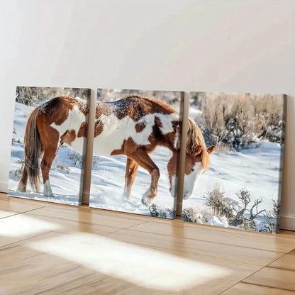 3pcs Snowy Landscape with Brown and White Horse Wall Art Set Canvas Framed 40x60cm - High Quality Print 100% Australian Made Wall Canvas Ready to Hang