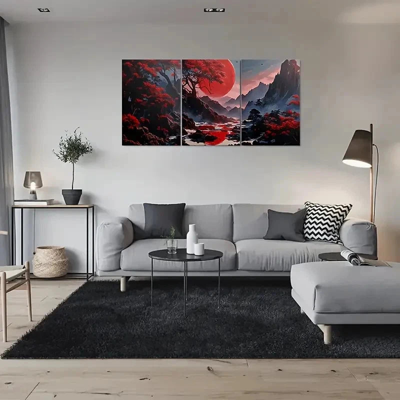 3pcs Fantasy Red Moon Mountain Scene Metal Print Ready to Hang Art