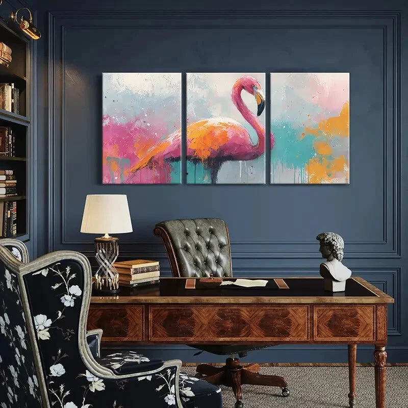 3pcs Set of Vibrant Abstract Flamingo Metal Print Ready to Hang Art
