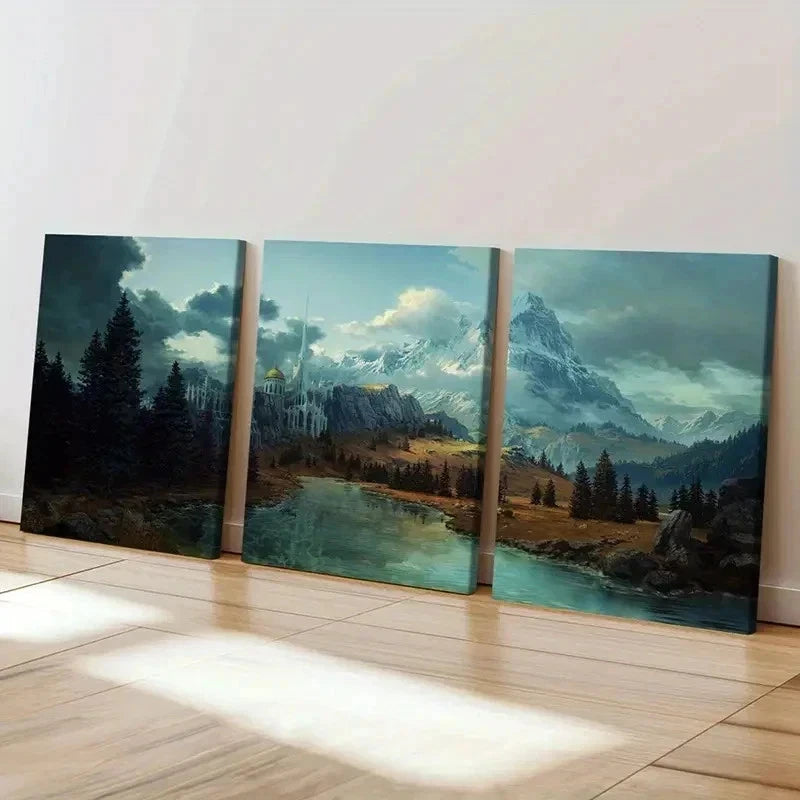 3pcs Mountains Forests and Castle Wall Art Set Canvas Framed 40x60cm - High Quality Print 100% Australian Made Wall Canvas Ready to Hang