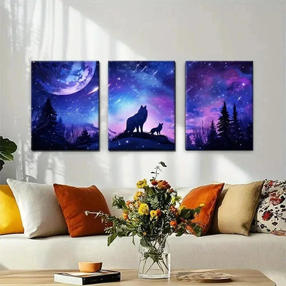 3pcs Wolf Moon Wolves Under Starry Night Perfect Wall Art Set Canvas Framed 50x70cm - High Quality Print 100% Australian Made Wall Canvas Ready to Hang