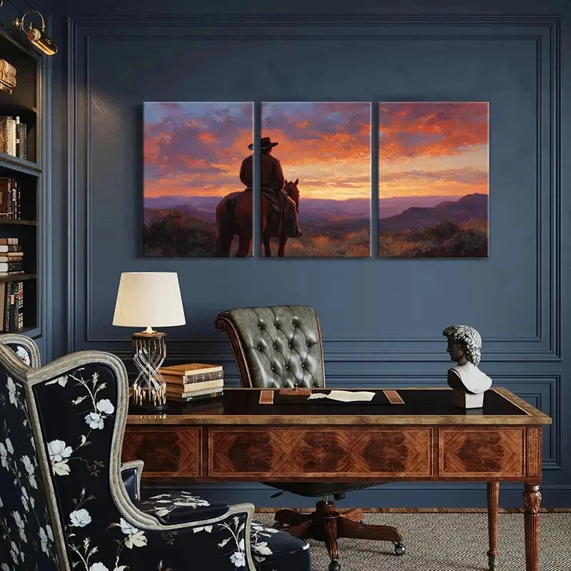 3pcs Vintage Landscape with Horseback Rider Metal Print Ready to Hang Art