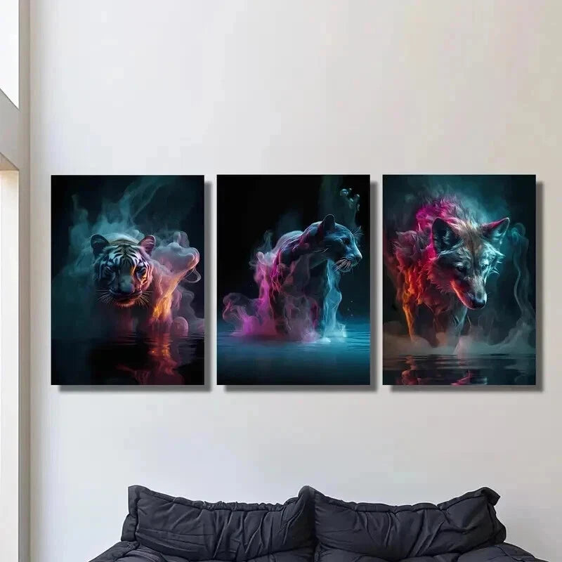 3pcs Fantasy Neon Animal Tiger Bear Wolf Wall Art Set Canvas Framed 40x60cm - High Quality Print 100% Australian Made Wall Canvas Ready to Hang