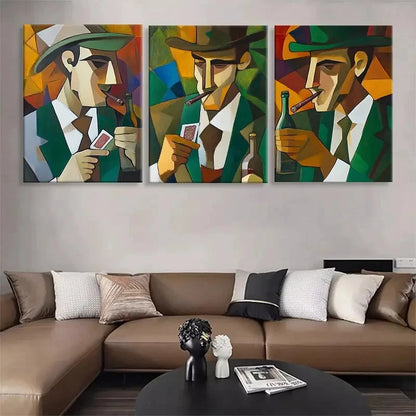 3pcs Cubism Gentleman Vintage Cigar Perfect Wall Art Set Canvas Framed 40x60cm - High Quality Print 100% Australian Made Wall Canvas Ready to Hang
