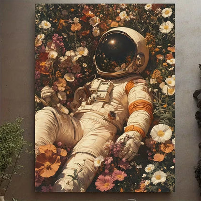 Astronaut in Flower Bed Metal Print Ready to Hang