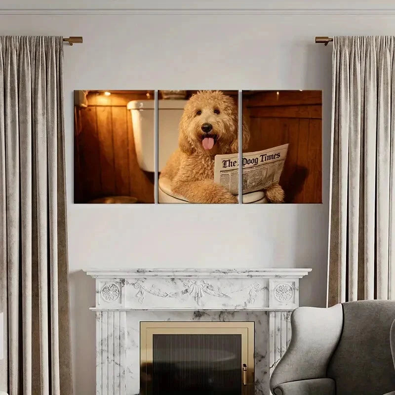 3pcs Rustic Dog Reading Newspaper Scene Metal Print Ready to Hang Art