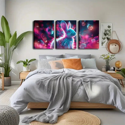3pcs Pink Rabbit Glowing Neon Accent Perfect Wall Art Set Canvas Framed 40x60cm - High Quality Print 100% Australian Made Wall Canvas Ready to Hang