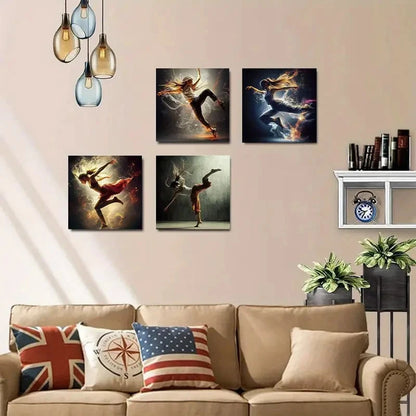 4pcs Vibrant Abstract Dancers In Flames Design Wall Art Canvas Framed