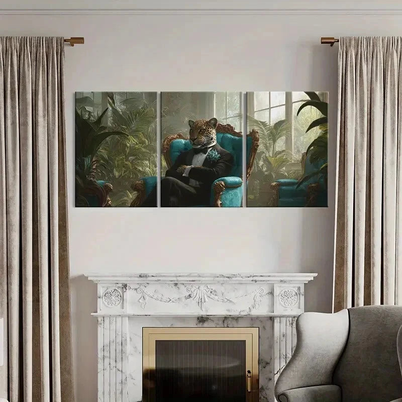 3pcs Luxury Leopard in Tuxedo Elegant Chair Metal Print Ready to Hang Art