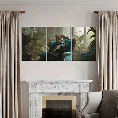 3pcs Luxury Leopard in Tuxedo Elegant Chair Metal Print Ready to Hang Art