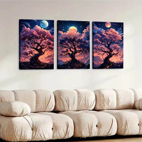 3pcs Cartoon Tree Glowing Branches Pink Clouds Wall Art Set Canvas Unframed - High Quality Print 100% Australian Made Wall Canvas