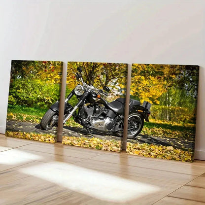 3pcs Motorcycle with Autumn Leaves Scene Wall Art Set Canvas Framed 60x90cm - High Quality Print 100% Australian Made Wall Canvas Ready to Hang