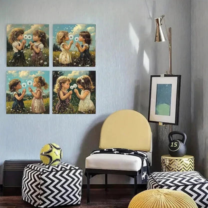 4pcs Retro Dandelion and Youngsters Wall Art Canvas Framed