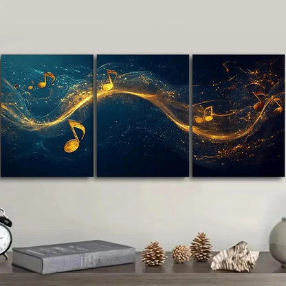 3pcs Musical Notes & Abstract Golden Swirl Metal Print Ready to Hang Art