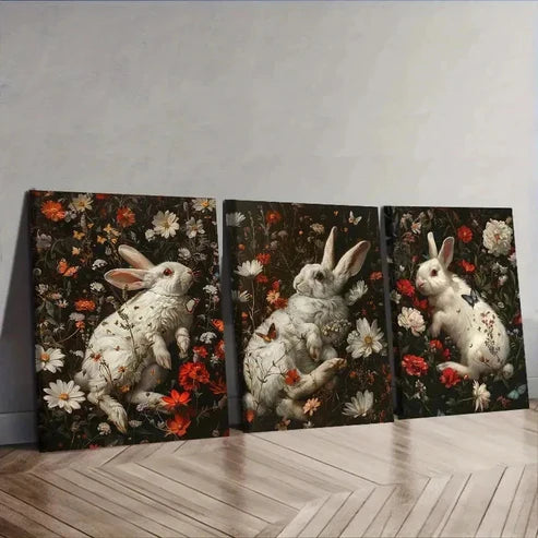 3pcs Whimsical Rabbit & Floral Design Wall Art Set Canvas Unframed - High Quality Print 100% Australian Made Wall Canvas