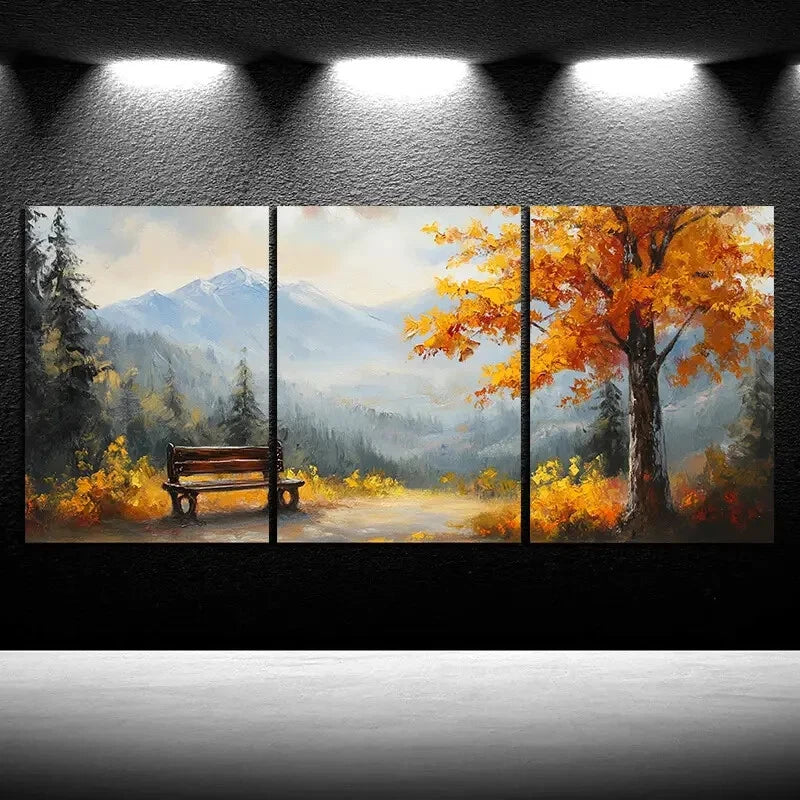 3pcs A Bench Under Autumn Leaves Metal Print Ready to Hang Art
