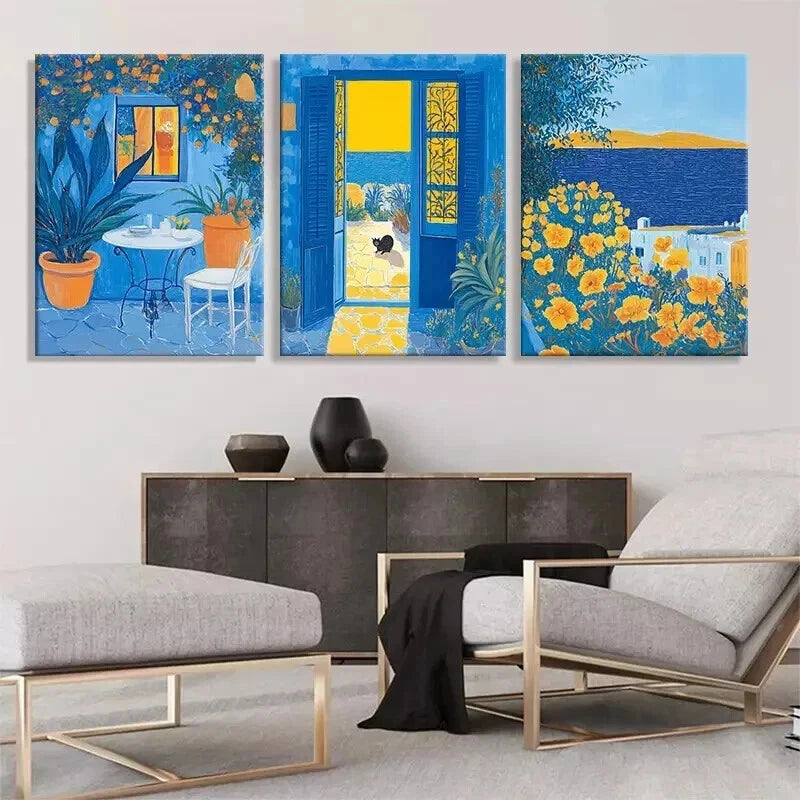3pcs Mediterranean Blue Yellow Garden Perfect Wall Art Set Canvas Framed 40x60cm - High Quality Print 100% Australian Made Wall Canvas Ready to Hang