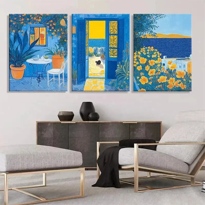 3pcs Mediterranean Blue Yellow Garden Perfect Wall Art Set Canvas Framed 40x60cm - High Quality Print 100% Australian Made Wall Canvas Ready to Hang
