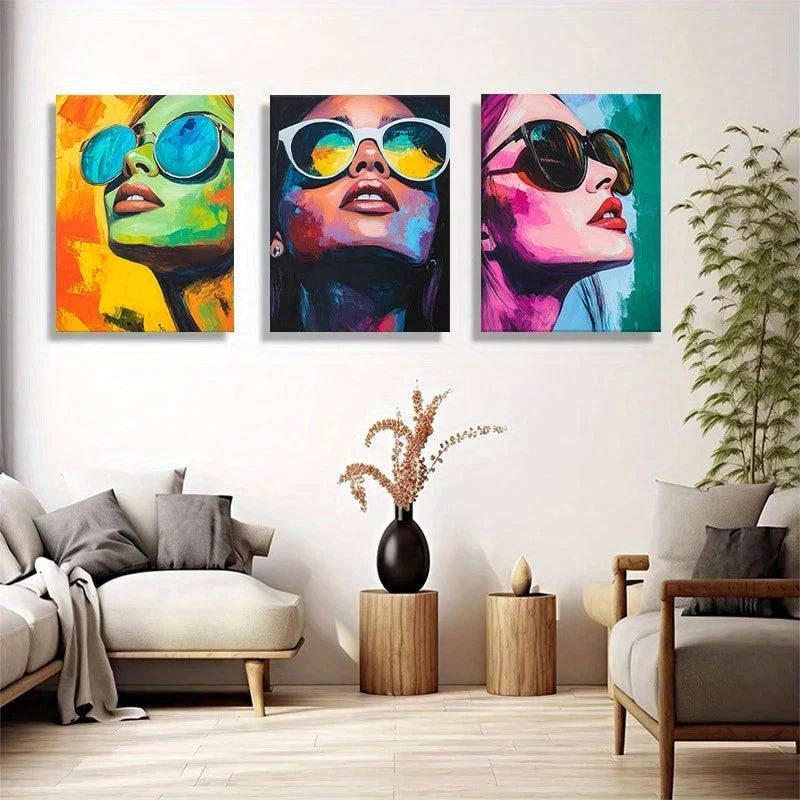 3pcs Confident Female Figures Glasses Modern Metal Print Ready to Hang Art