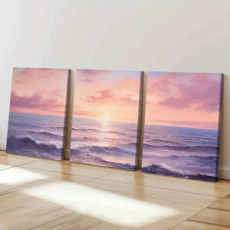 3pcs Beautiful Sea View Sunset Waves Wall Art Set Canvas Framed 40x60cm - High Quality Print 100% Australian Made Wall Canvas Ready to Hang