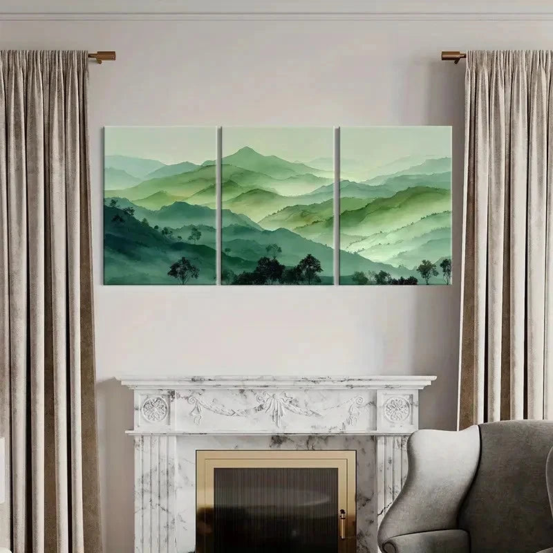 3pcs Mountain Landscape, Green Hills Wall Art Set Canvas Framed 60x90cm - High Quality Print 100% Australian Made Wall Canvas Ready to Hang
