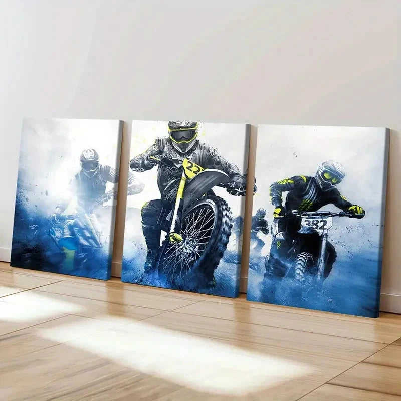 3pcs Action Packed Dirt Bike Racing Wall Art Set Canvas Framed 60x90cm - High Quality Print 100% Australian Made Wall Canvas Ready to Hang