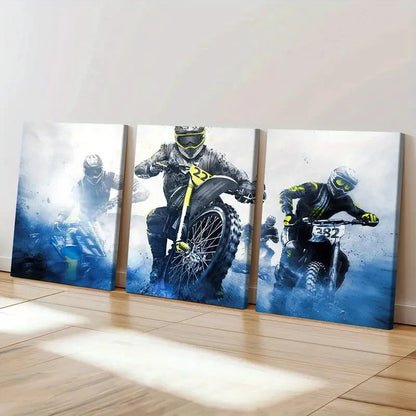 3pcs Action Packed Dirt Bike Racing Wall Art Set Canvas Framed 60x90cm - High Quality Print 100% Australian Made Wall Canvas Ready to Hang