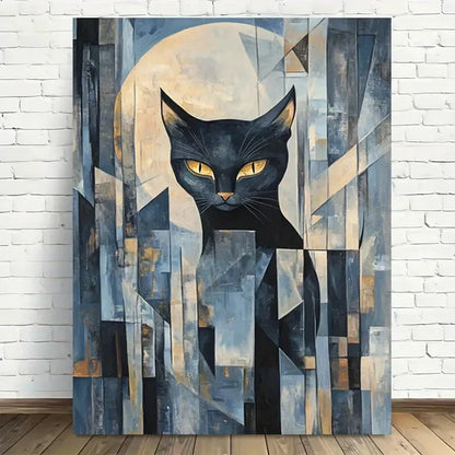 Beautiful Geometric Black Cat with Yellow Eye Painting 40x60cm Metal Print Ready to Hang