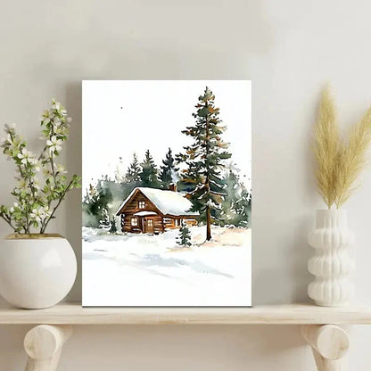 Snowy Cabin in Woods with Pine Trees Watercolor 40x60cm Metal Print Ready to Hang