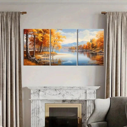 3pcs Autumn Forest Fallen Leaves Lake Mountains Wall Art Set Canvas Framed 40x60cm - High Quality Print 100% Australian Made Wall Canvas Ready to Hang