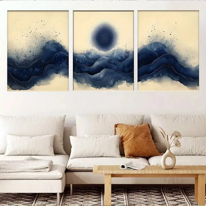 3pcs Abstract Blue Mountain Wave Style Metal Print Ready to Hang Art