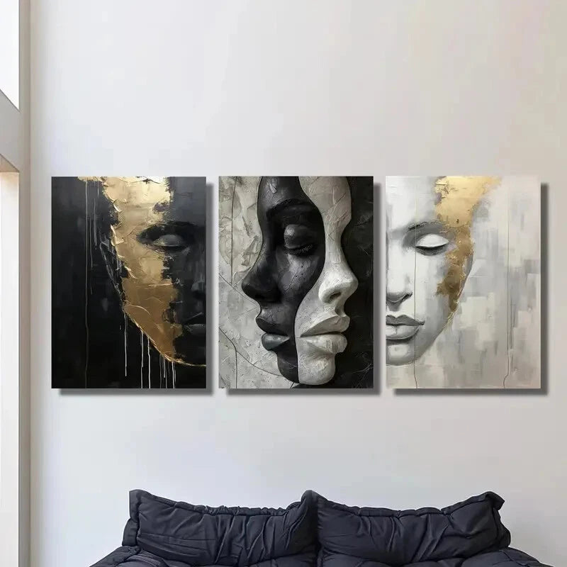 3pcs Black Golden White Abstract Face Metal Print Ready to Hang Art
