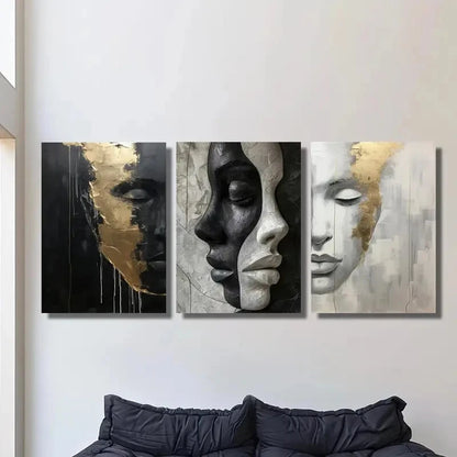 3pcs Black Golden White Abstract Face Metal Print Ready to Hang Art
