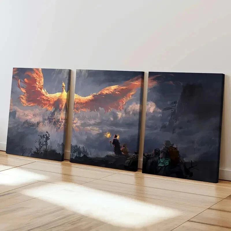 3pcs Vibrant Phoenix & Dragon Fantasy Wall Art Set Canvas Framed 40x60cm - High Quality Print 100% Australian Made Wall Canvas Ready to Hang