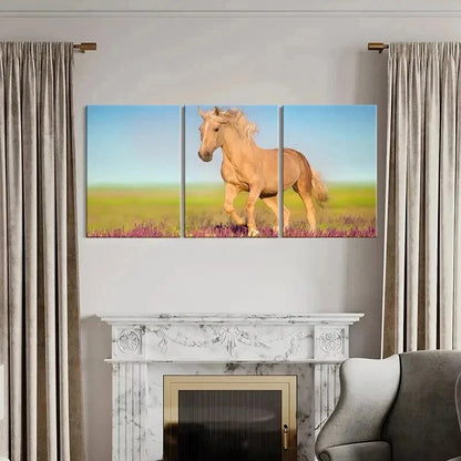 3pcs Meadow Running Horses & Lavender Flowers Wall Art Set Canvas Framed 40x60cm - High Quality Print 100% Australian Made Wall Canvas Ready to Hang