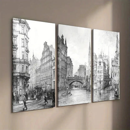 3pcs Drawing Vintage Architecture And Urban Wall Art Set Canvas Framed 40x60cm - High Quality Print 100% Australian Made Wall Canvas Ready to Hang
